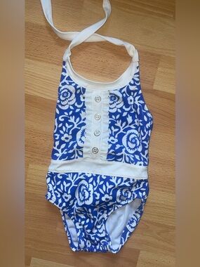 Janie and Jack Blue & White Floral Baby One-Piece Swimsuit With Bow 12-18 Months
